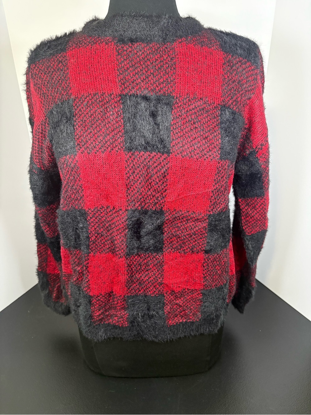 Time and Tru Red & Black Buffalo Check Fuzzy Crewneck Sweater